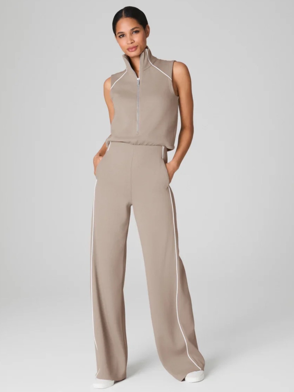 SPANX AirEssentials Pique Sleeveless Jumpsuit in Tan SZ L EUC